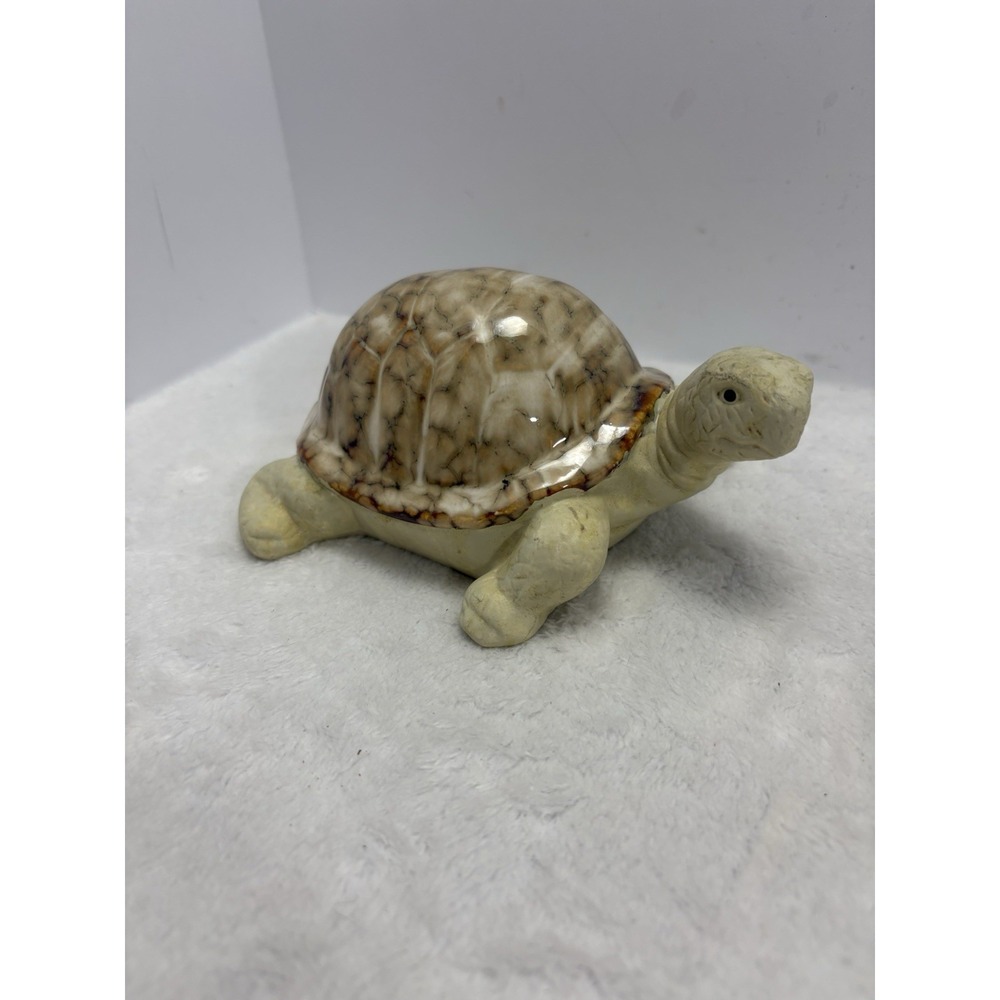 Turtle Figurine Glossy Shell Handcrafted Tan Brown Carmel‎ Ceramic Sculpture